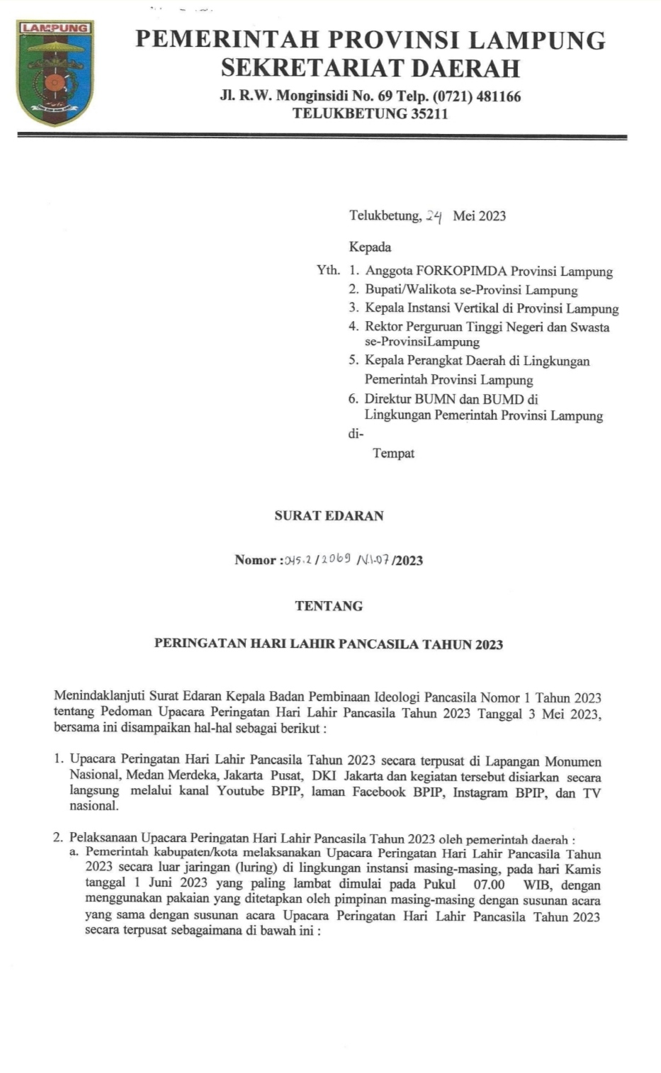 Surat Edaran tentang Peringatan Hari Lahir Pancasila Tahun 2023