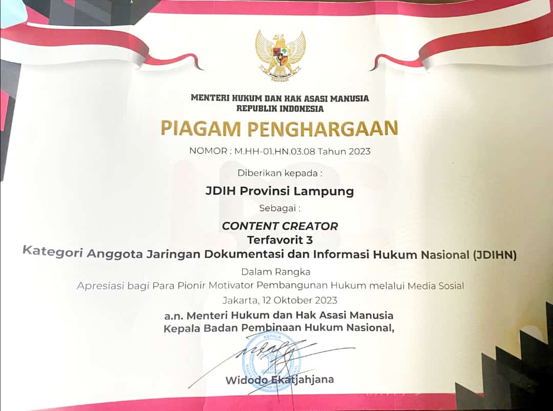 JDIH Provinsi Lampung Raih Penghargaan JDIHN dan LDCC Awards 2023